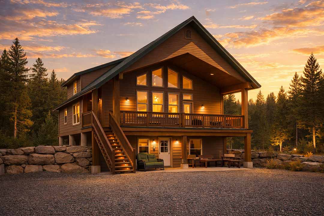 Tanglewood Lodge exterior at sunset with warm window lighting, wraparound deck, and pine forest backdrop