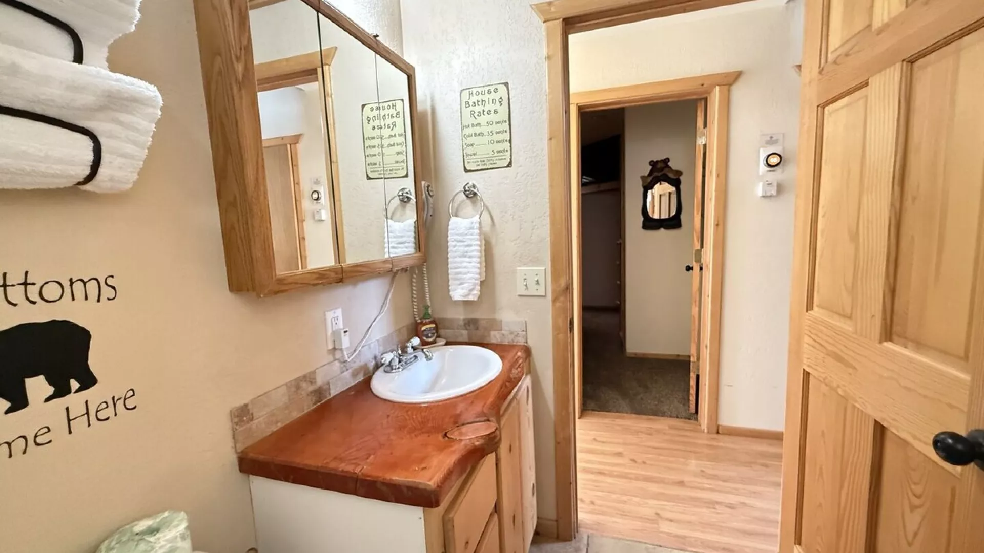 Downstairs bathroom with a shower tub combo, toilet, and sink vanity.