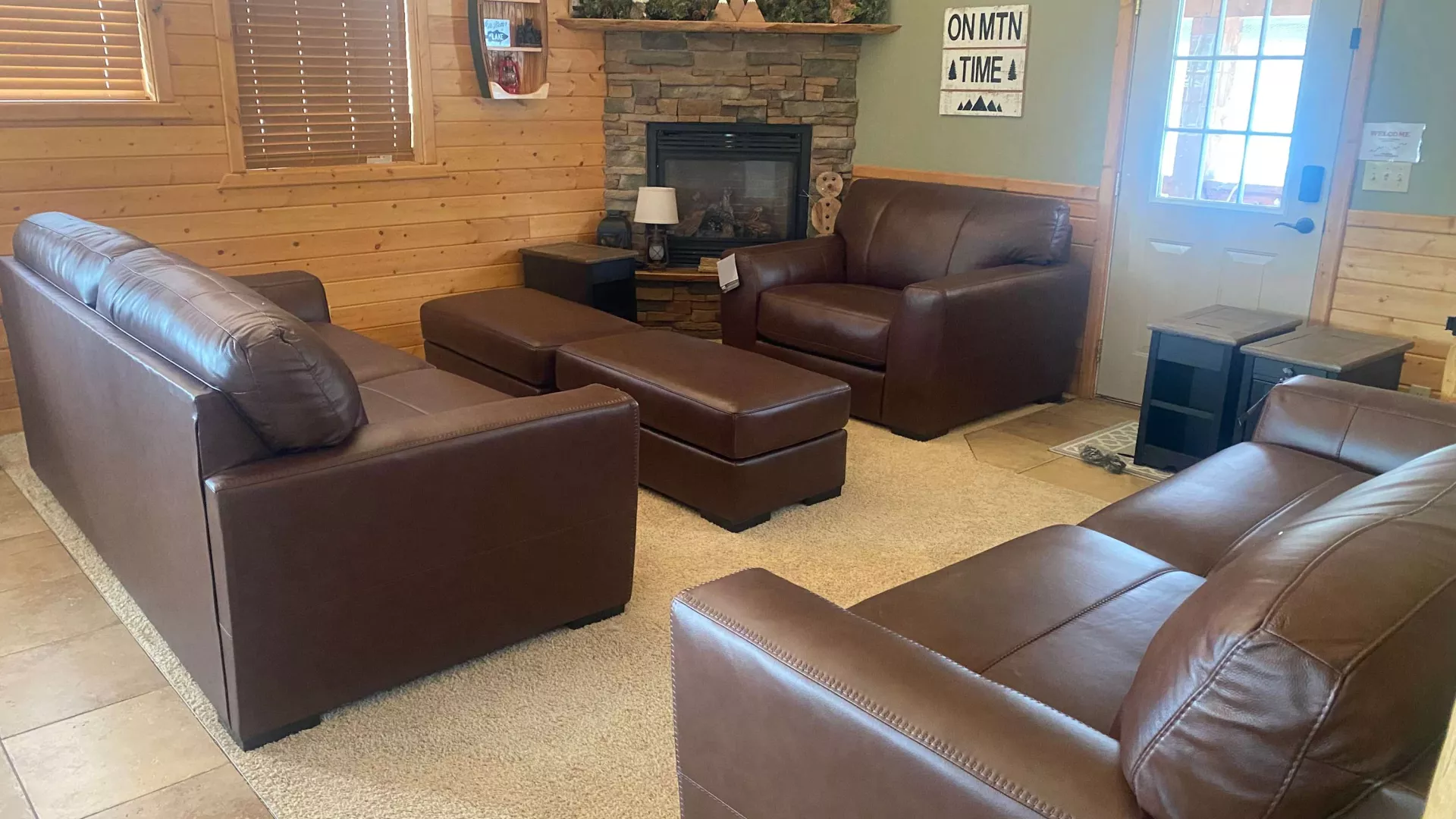 Relaxing leather furniture in great room.
