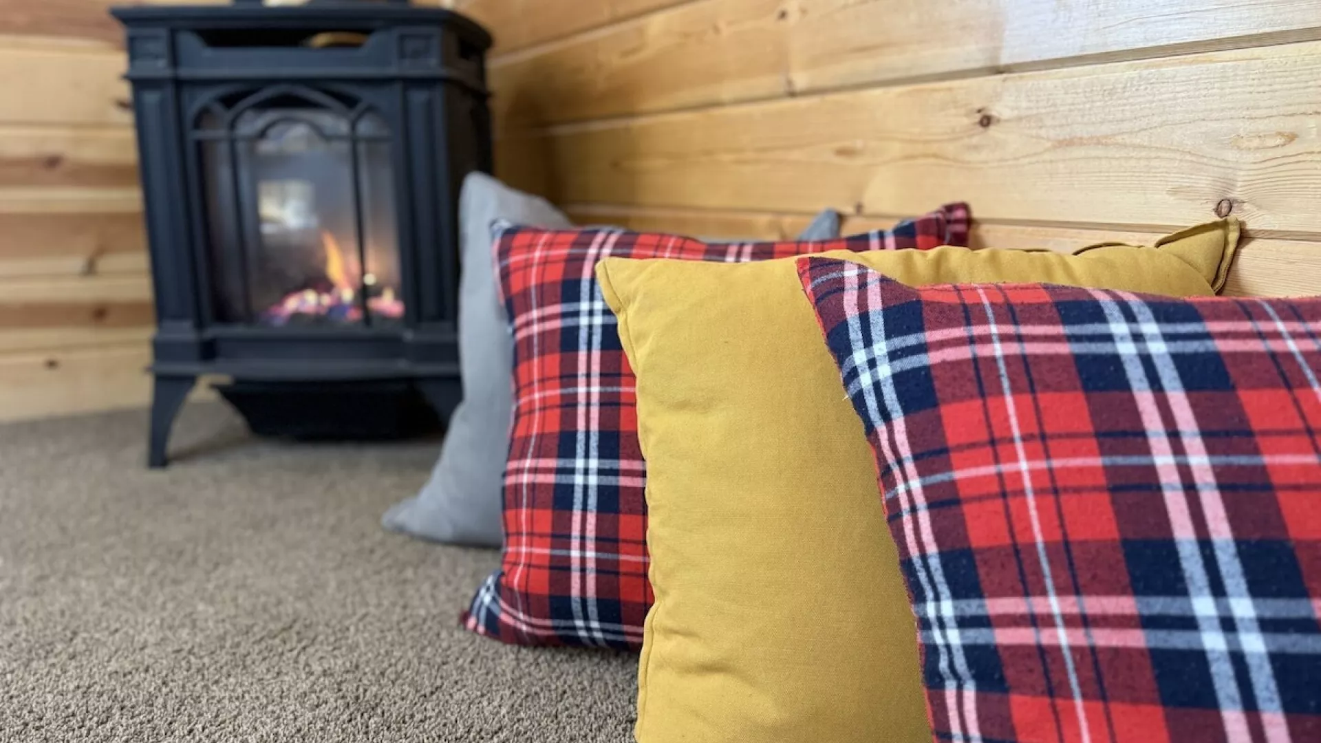 Relax by the fire in the cozy living room.