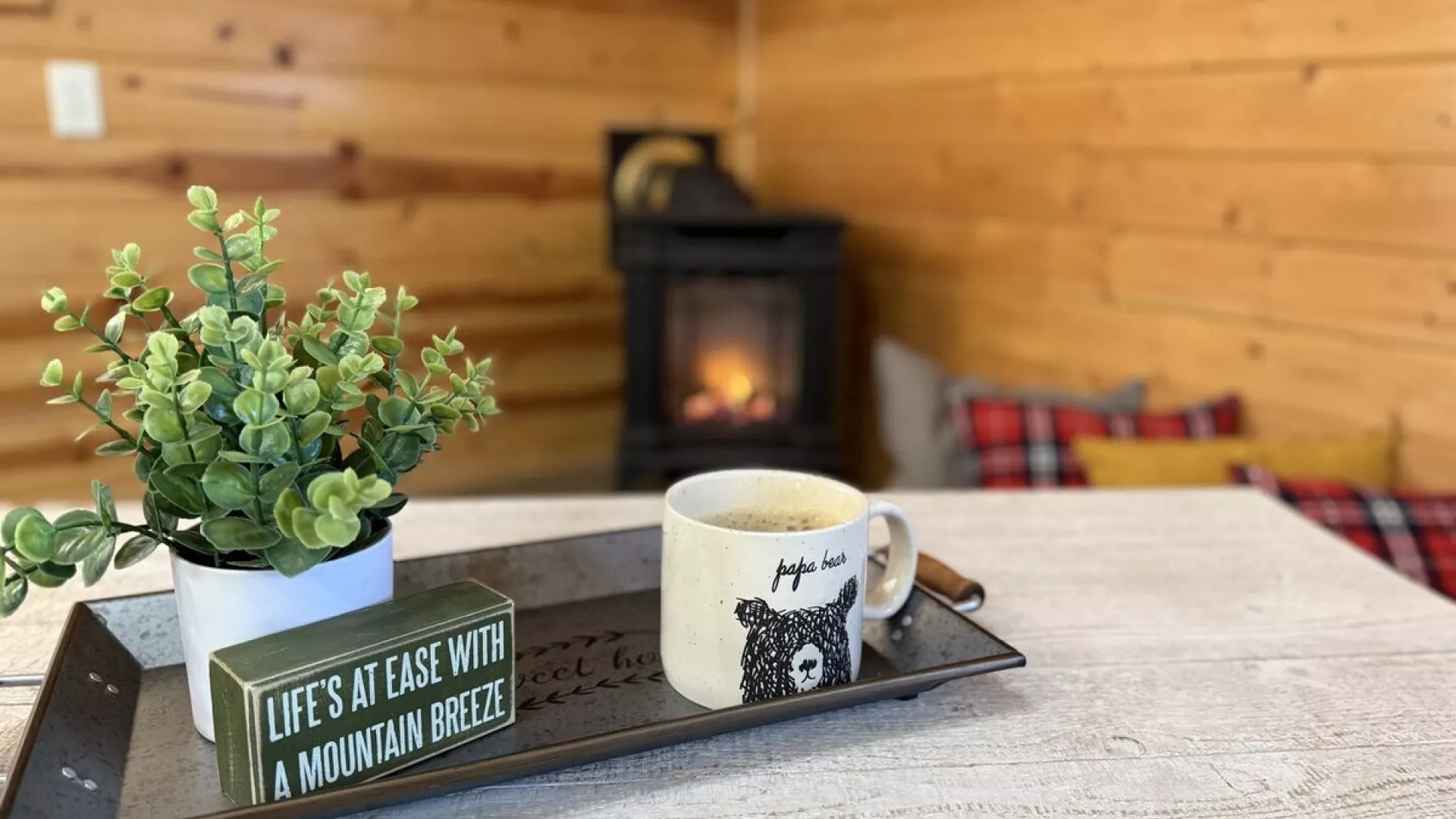 Enjoy a cup of coffee by the fire.