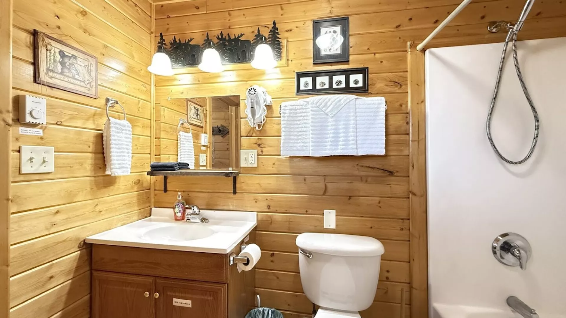 The main bathroom is equipped with a shower tub combo, toilet, and sink vanity.