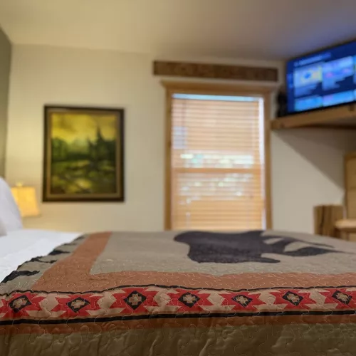 The room brings in natural light from the window to enjoy the beautiful view of the cabin.