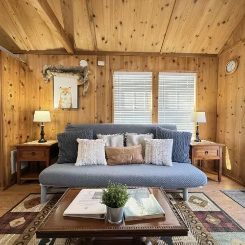 You are greeted by the living room with lots of open space and a Futon for more guests.