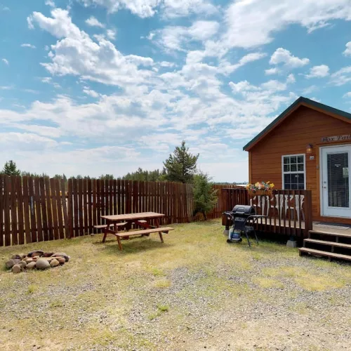 This Tiny house cabin blends rustic charm with modern amenities, nestled within the serene forested landscapes near Yellowstone National Park.
