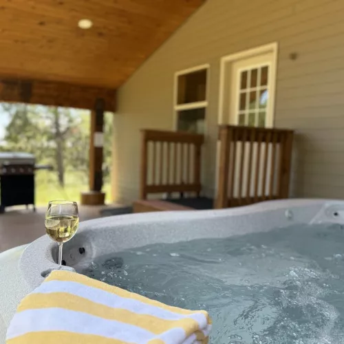 Hot tub and grill are conveniently located outside in the back of the cabin.