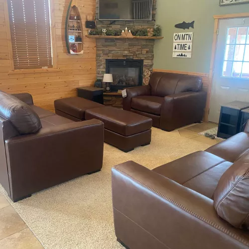 Relaxing leather furniture in great room.