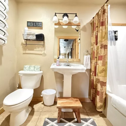 Downstairs bathroom with shower tub combo, toilet, and sink. Towels, shampoo, conditioner, and body wash are provided.