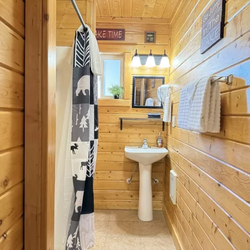 A cabin bathroom feels like a little retreat within a retreat—warm, earthy, and connected to nature in the most calming way.