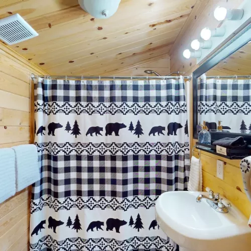 Full size bathroom with a shower tub combo, toilet, and sink.