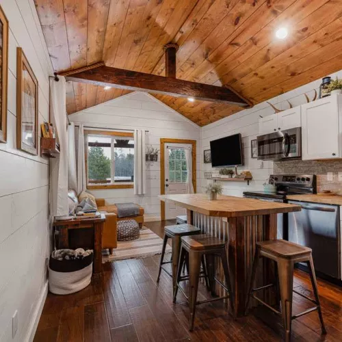 Kitchen and living room area is spacious for it being a tiny house.